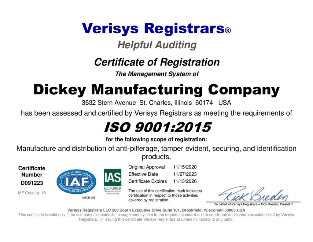 ISO 9001:2015 Certificate of Registration for Dickey Manufacturing Company